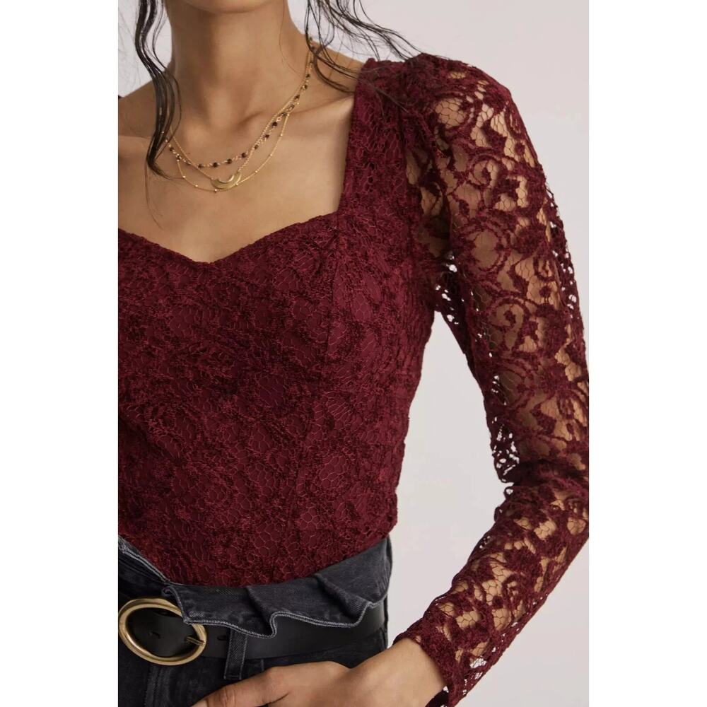 🍷 Anthropologie Burgundy Romantic Lace Sleeve Sweetheart Blouse 🍷 - Picture 2 of 3